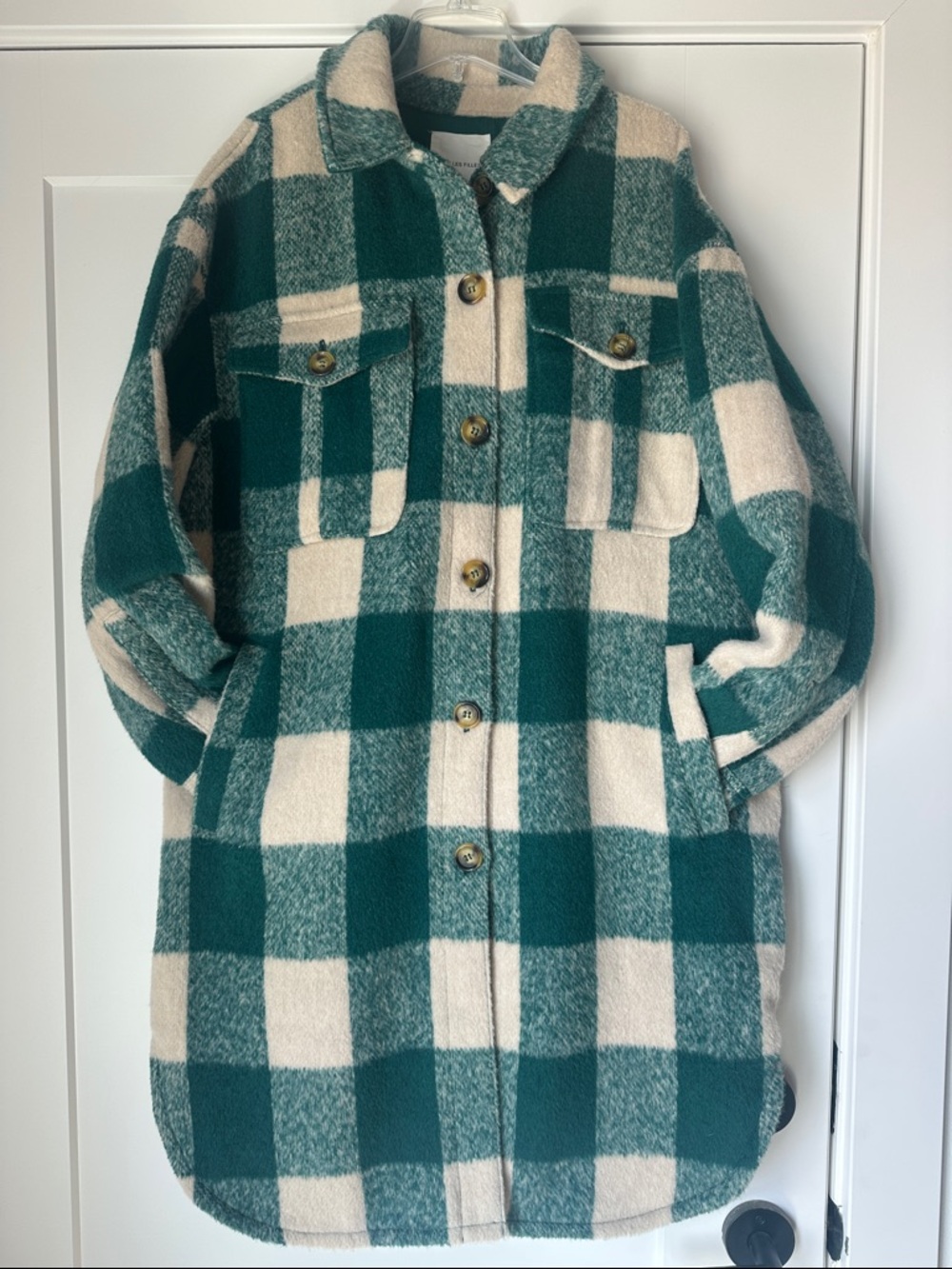 Avec Les Filles Green and Cream Buffalo Plaid Shacket Coat